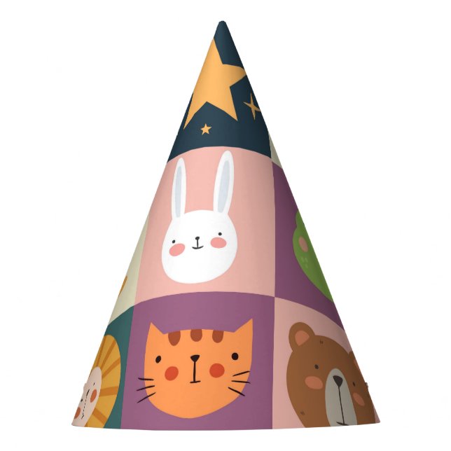 Cute animals patchwork colourful party hat (Front)