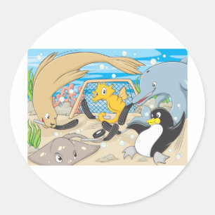 Cute Animals Player Water Hockey Goal Game Classic Round Sticker