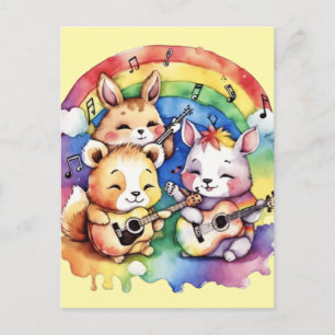 Cute animals playing music in the rainbow holiday postcard