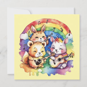 Cute animals playing music in the rainbow thank you card