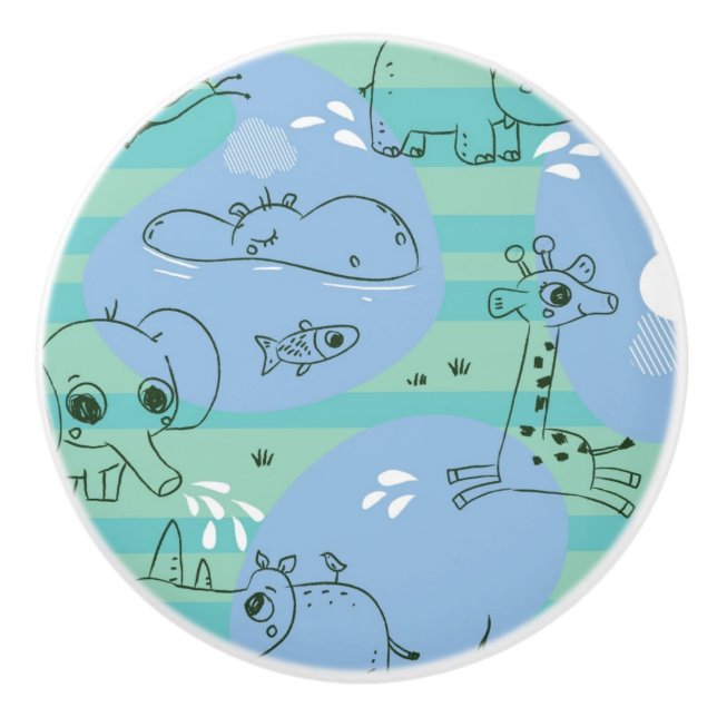 Cute animals playing with water 3 ceramic knob (Front)