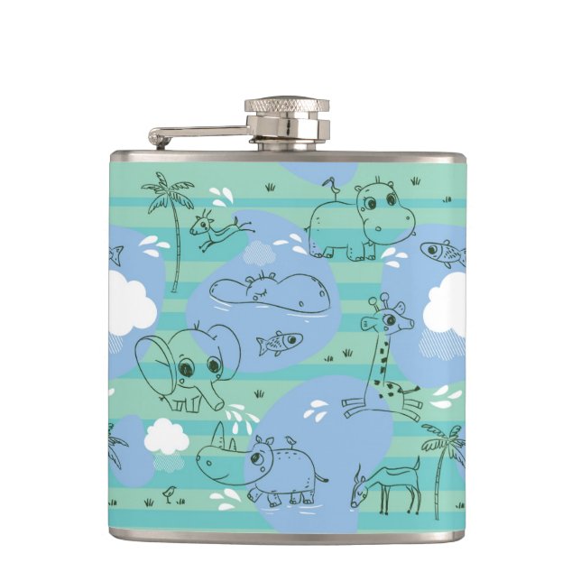 Cute animals playing with water 3 hip flask (Front)