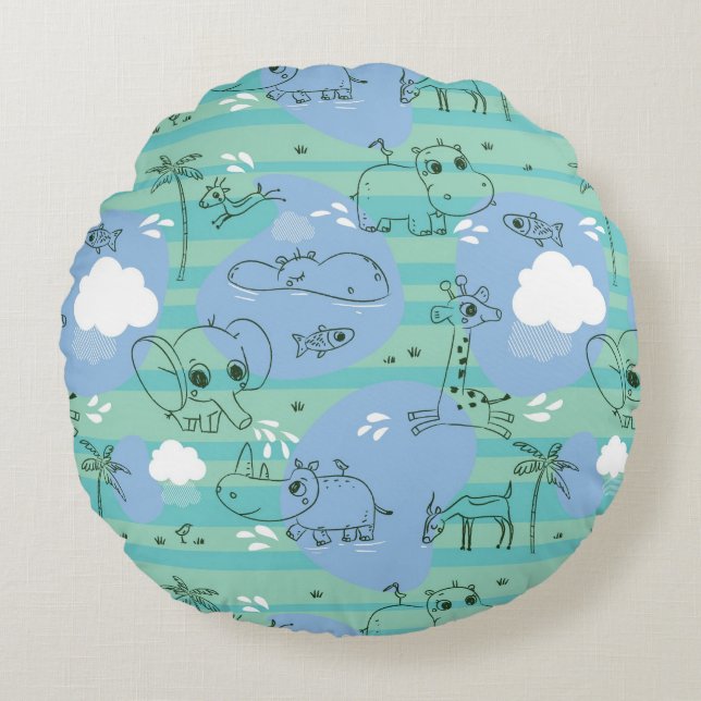 Cute animals playing with water 3 round cushion (Front)