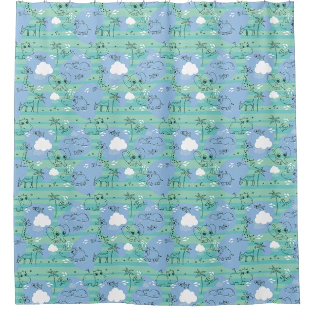 Cute animals playing with water 3 shower curtain (Front)