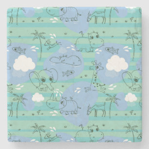 Cute animals playing with water 3 stone coaster