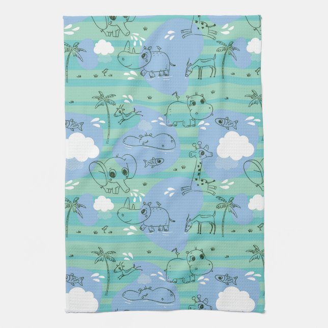 Cute animals playing with water 3 tea towel (Vertical)