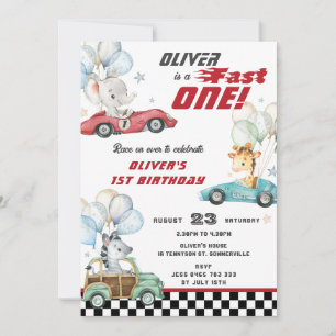 Cute Animals Race Cars 1st Birthday Fast ONE Invitation