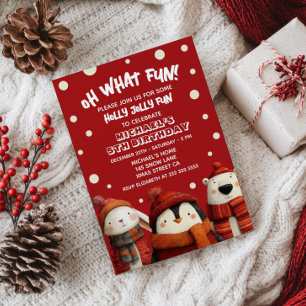 Cute Animals Red Festive Xmas Kids' Birthday Party Invitation