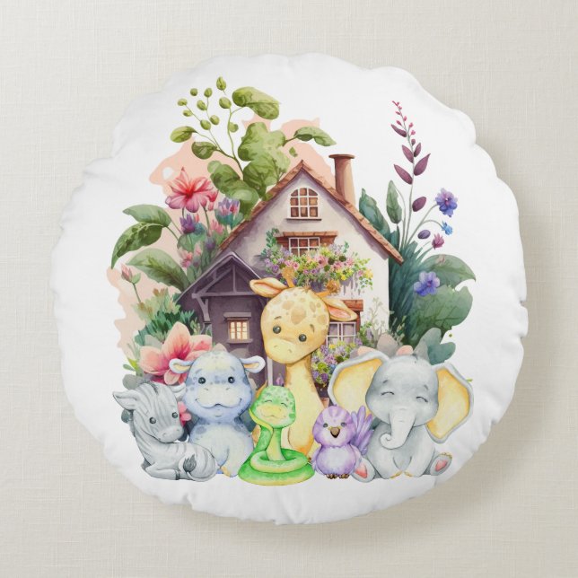 Cute Animals Round Pillow | Cute Gift For Baby (Front)