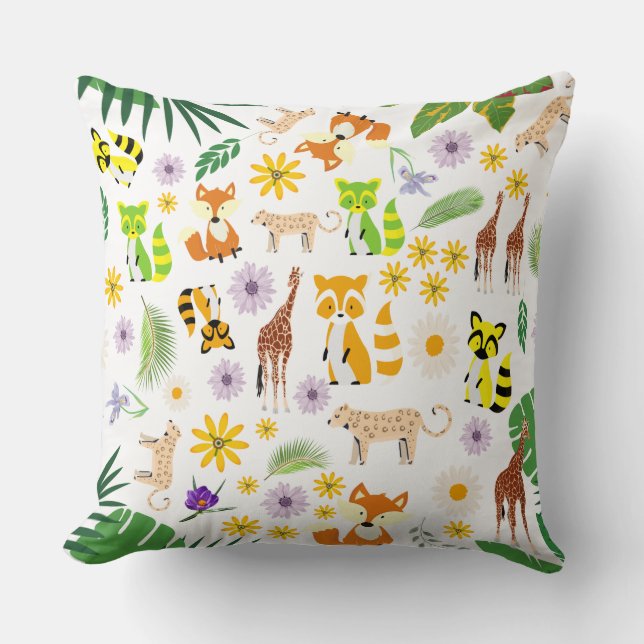 Cute animals Safari nursery zoo jungle white green Cushion (Front)