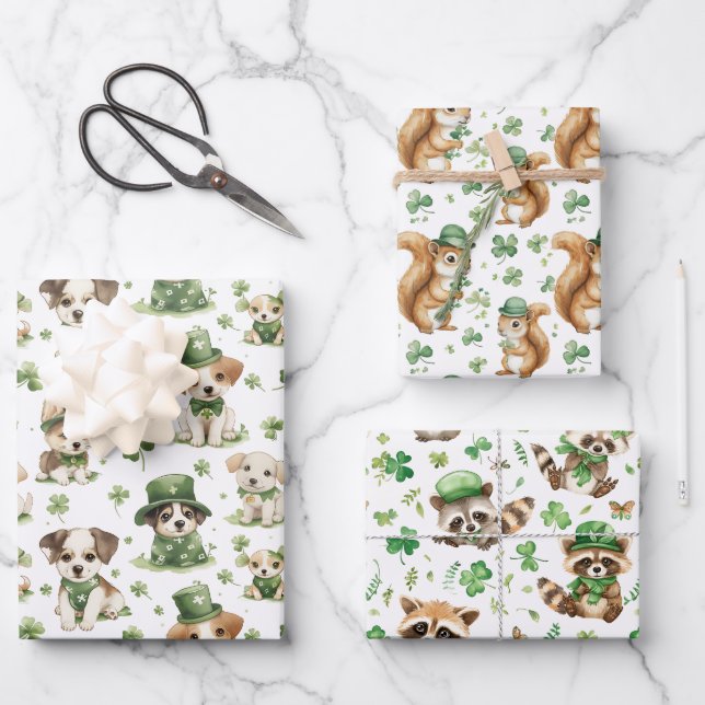 Cute Animals Shamrock Green St. Patrick's Day  Wrapping Paper Sheet (Front)