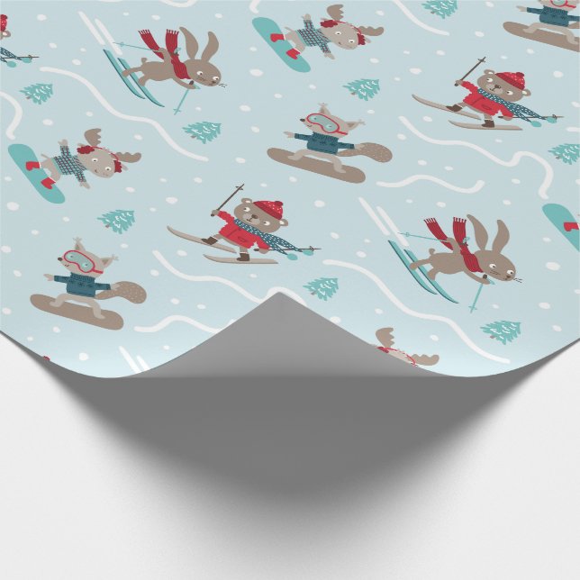 Cute Animals Skiing and Snowboarding on blue Wrapping Paper (Corner)