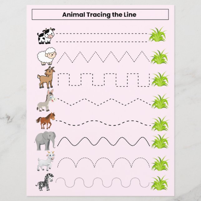 Cute Animals tracing the line worksheet for kids (Front)