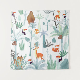 Cute animals: tropical forest doodle. tapestry