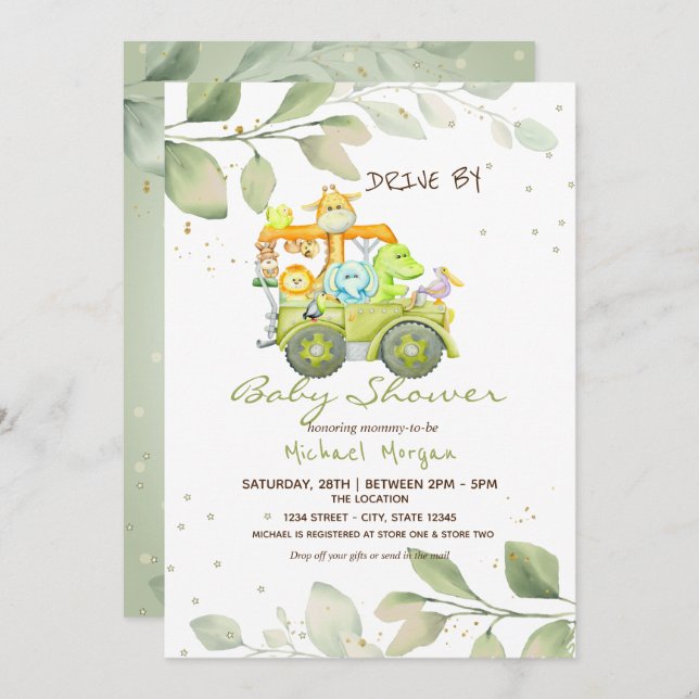 Cute Animals Truck Drive By Baby Shower Invitation (Front/Back)