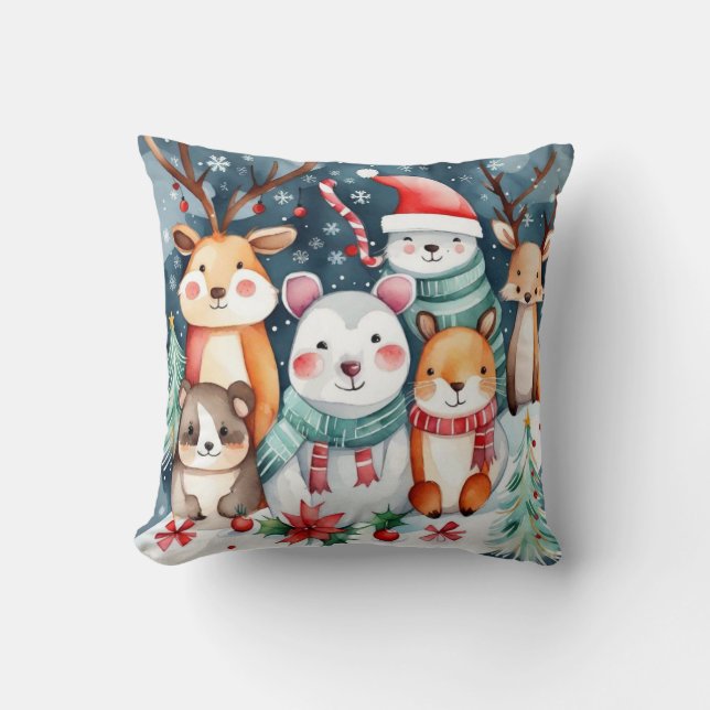 Cute animals under the Christmas tree design Cushion (Front)