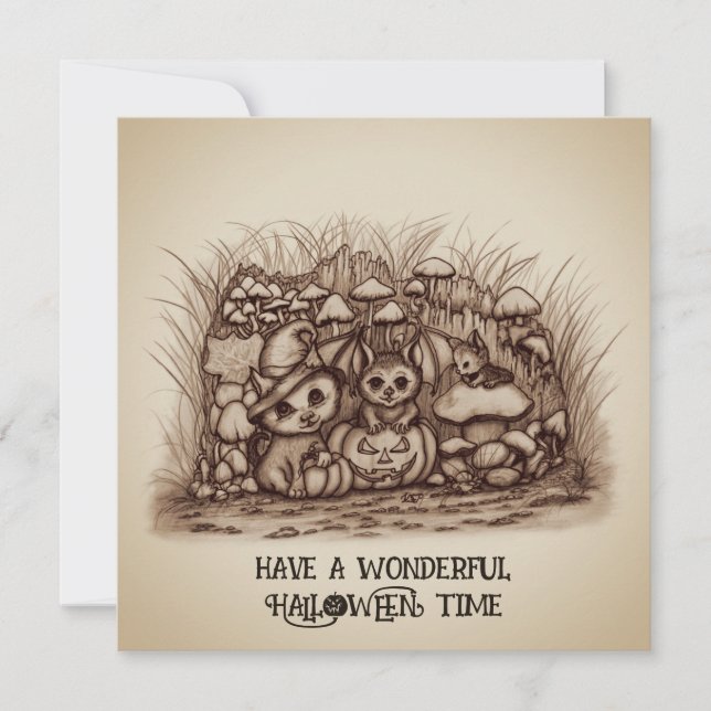 Cute Animals waiting for Halloween Card (Front)