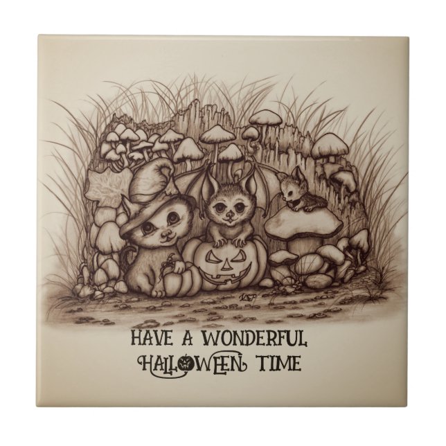 Cute Animals waiting for Halloween Ceramic Tile (Front)