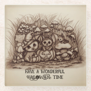 Cute Animals waiting for Halloween Glass Coaster