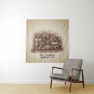 Cute Animals waiting for Halloween Tapestry