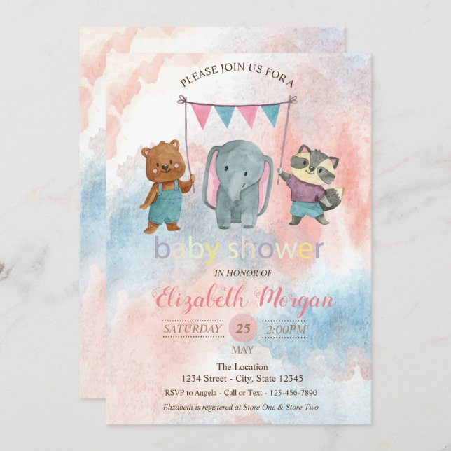 Cute Animals, Watercolor Baby Shower Invitation (Front/Back)