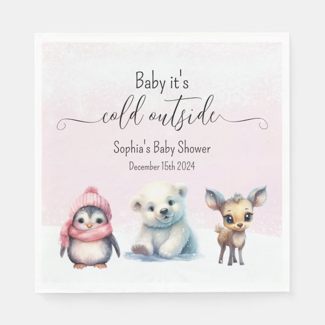 Cute Animals Winter Baby Girl Shower Napkin (Front)