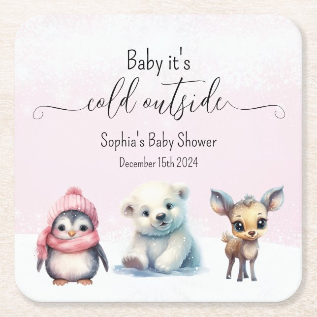 Cute Animals Winter Baby Girl Shower Square Paper Coaster (Front)