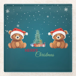 Cute animals winter Bear Santa Christmas tree Glass Coaster