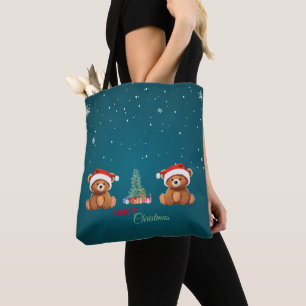 Cute animals winter Bear Santa Christmas tree Tote Bag
