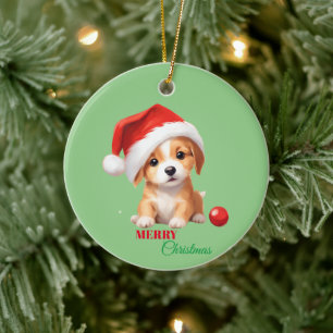 Cute animals winter puppy Dog Santa Christmas Ceramic Ornament