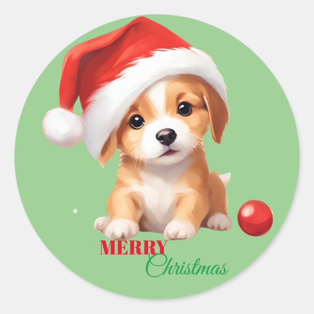 Cute animals winter puppy Dog Santa Christmas  Classic Round Sticker (Front)