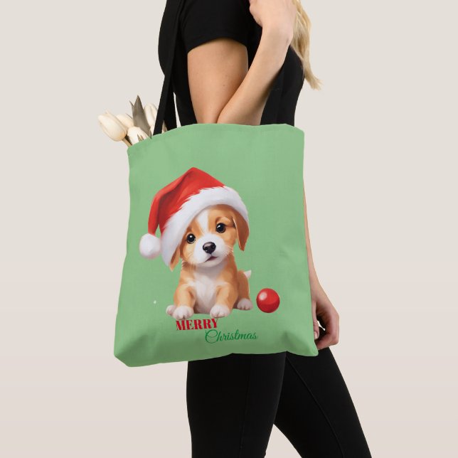 Cute animals winter puppy Dog Santa Christmas  Tote Bag (Close Up)
