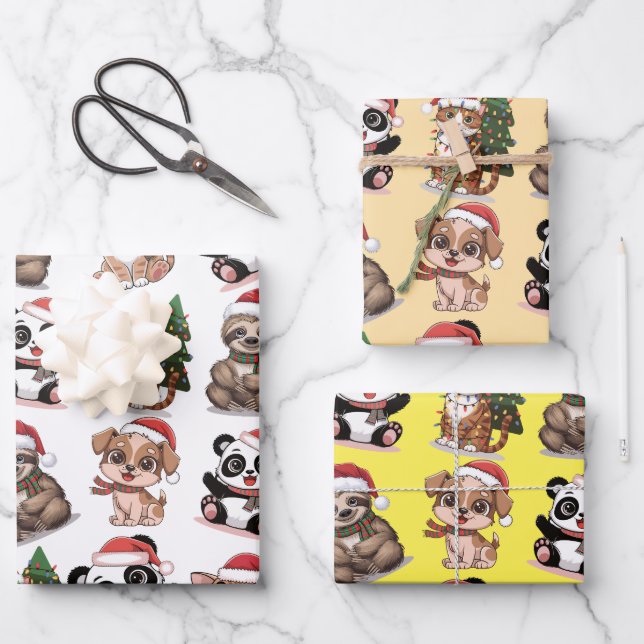 Cute animals with Christmas hats Wrapping Paper Sheet (Front)