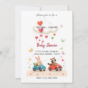 Cute Animals with Heart and and Cars Baby Shower Invitation