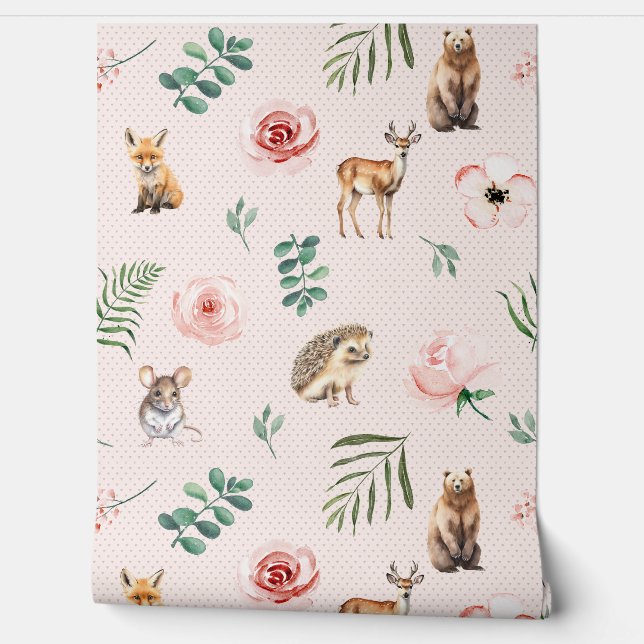 Cute animals woodland pink wallpaper (Unrolling)