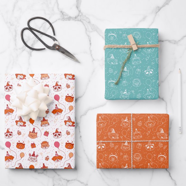 Cute animals Wrapping Paper Flat Sheet Set of 3 (Front)