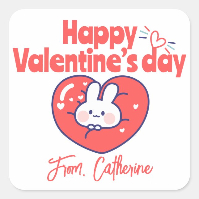Cute animate heart bunny square sticker (Front)