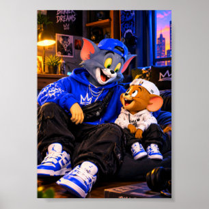 Cute Animated Cat and Mouse Character Poster Art