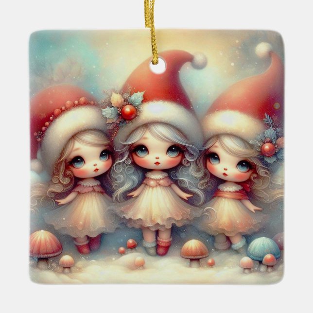 Cute Animated Christmas Angels  Ceramic Ornament (Front)