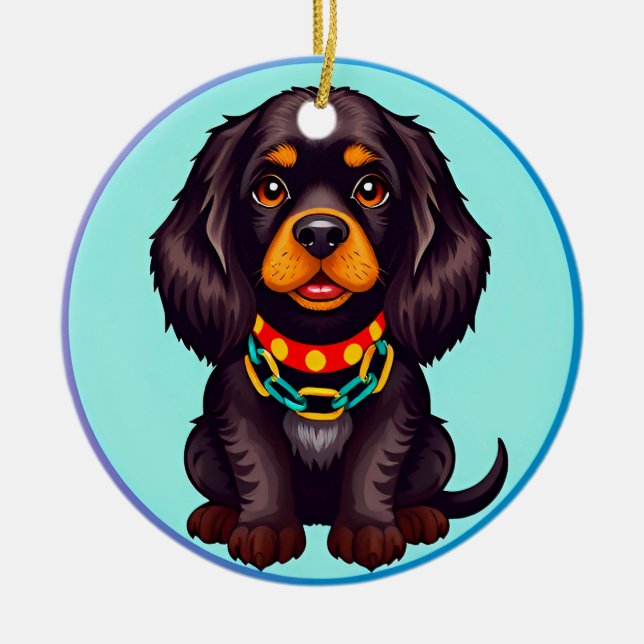 Cute Animated Dog with Collar Ceramic Ornament (Front)