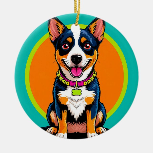 Cute Animated Dog with Collar Ceramic Ornament (Front)