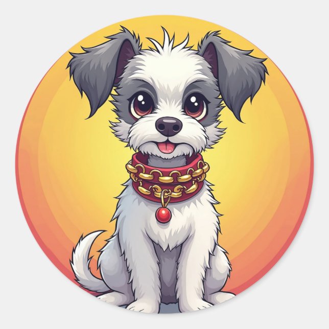 Cute Animated Dog with Collar Classic Round Sticker (Front)