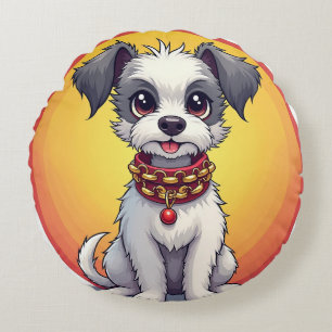 Cute Animated Dog with Collar Round Cushion