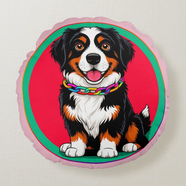 Cute Animated Dog with Collar Round Cushion (Front)