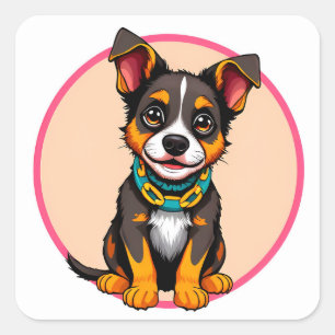 Cute Animated Dog with Collar Square Sticker