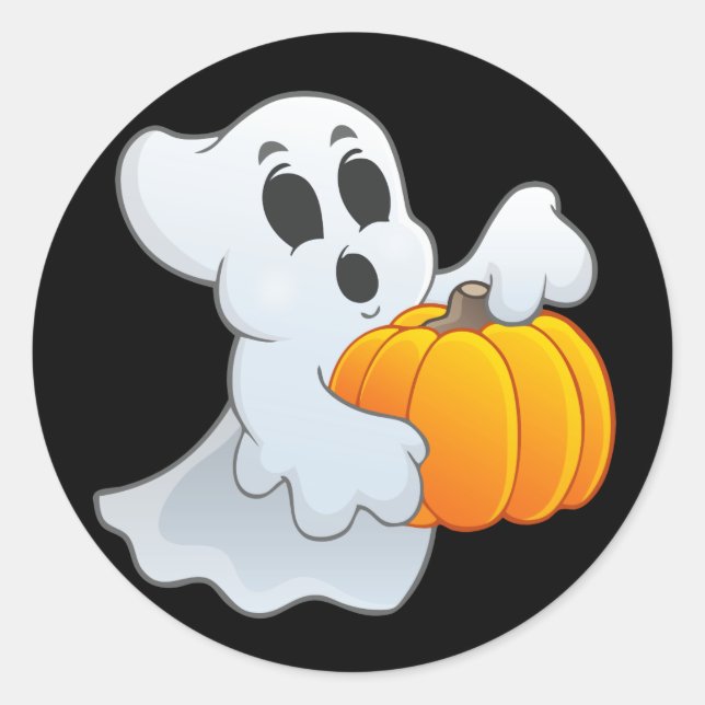 Cute animated Ghost with Pumpkin Classic Round Sticker (Front)