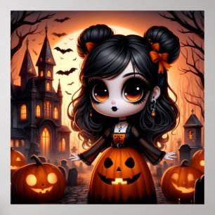 Cute Animated Girl, Haunted House and Pumpkins Poster