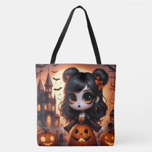 Cute Animated Girl, Haunted House Tote Bag