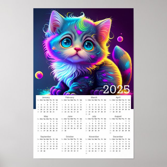 Cute Animated Neon Coloured Kitten 2025 Calendar  Poster (Front)