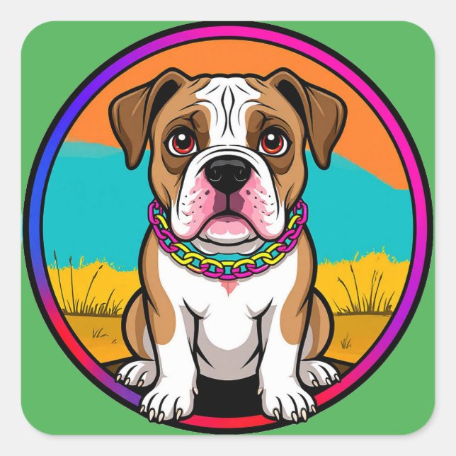 Cute Animated Puppy with Collar Square Sticker (Front)